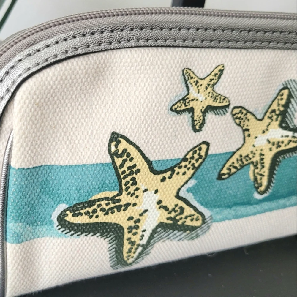 Coach Beige Canvas Cosmetic Pouch with Teal Stripe & Yellow Starfish